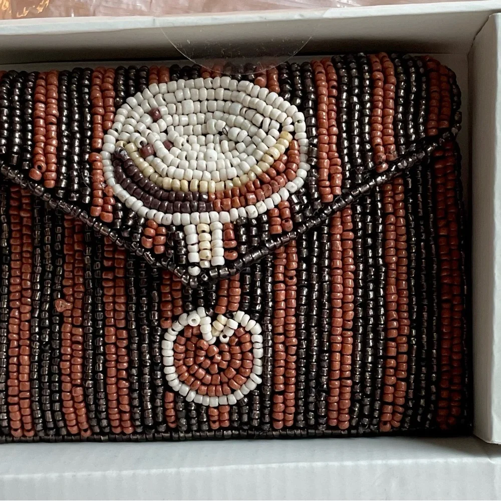 Rachel Zoe Women's Beaded Clutch Card Charm Bag Purse Set Black Brown
